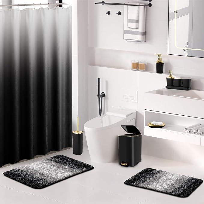 Bathroom Sets with Shower Curtain and Rugs Bathroom Accessories Set Black Bathroom Set,Soap Dispenser & Toilet Brush Holder Set with Stainless Steel Trash Can(23 PCS)