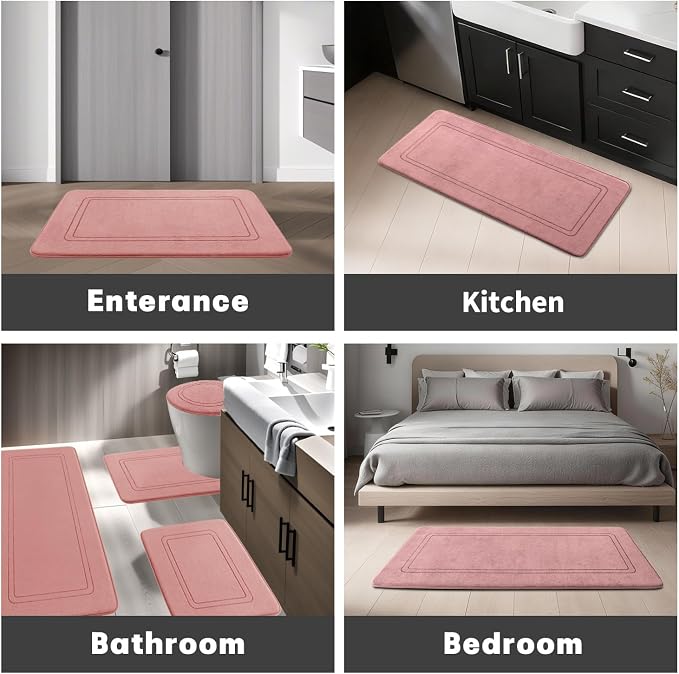 YIHOUSE Pink Memory Foam Bath Mat Set 5 Pieces, Non Slip, Absorbent, Washable, Soft, Comfortable, Rectangular Bathroom Rugs