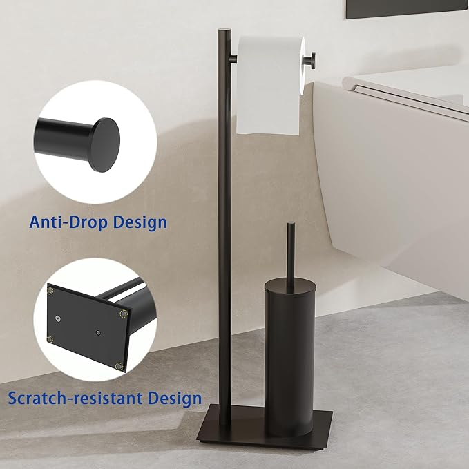 RUACQ Toilet Paper Holder Stand with Toilet Brush and Holder Set, 304 Stainless Steel Bathroom Toilet Tissue Paper Roll Holder Free Standing, Weighted Base, Heavy Duty (Matte Black)