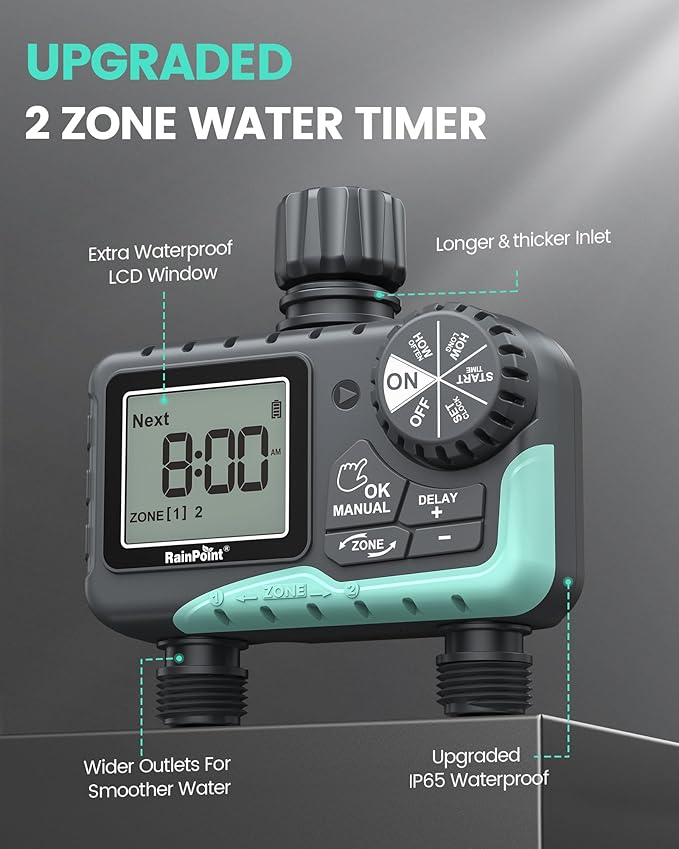RAINPOINT Sprinkler Timer 2 Outlet, Water Timer for Garden Hose, Programmable Drip Irrigation for Yard Outdoor Watering, Rain Delay/Manual/Automatic System Controller 2.5" LCD, V2