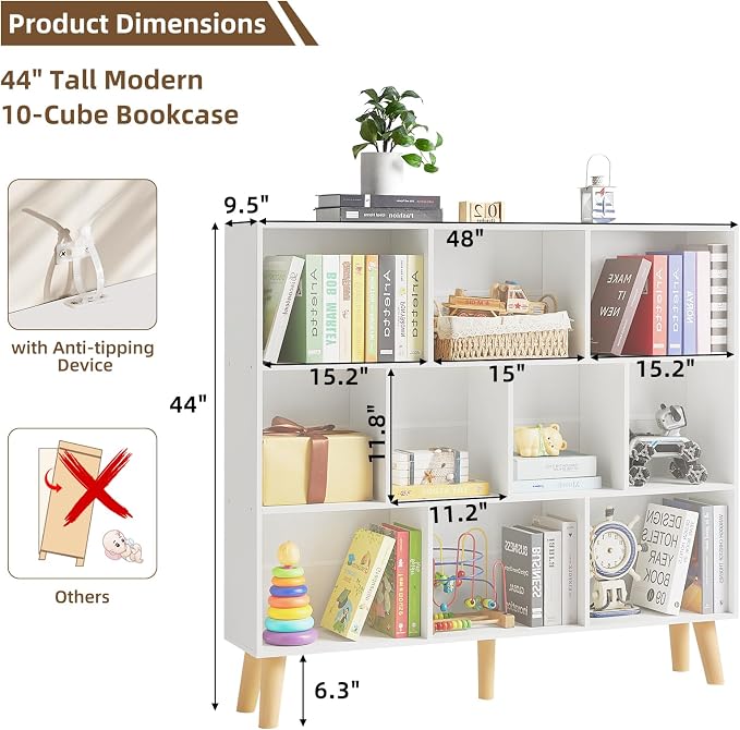 LEYAOYAO 10 Cube Bookshelf, Mid-Century Modern Book Shelf with Legs, White | 3 Tier Bookcase, Rustic Wood Bookshelves Freestanding Large Storage Organizer, Open Shelves for Bedroom, Living Room, Office