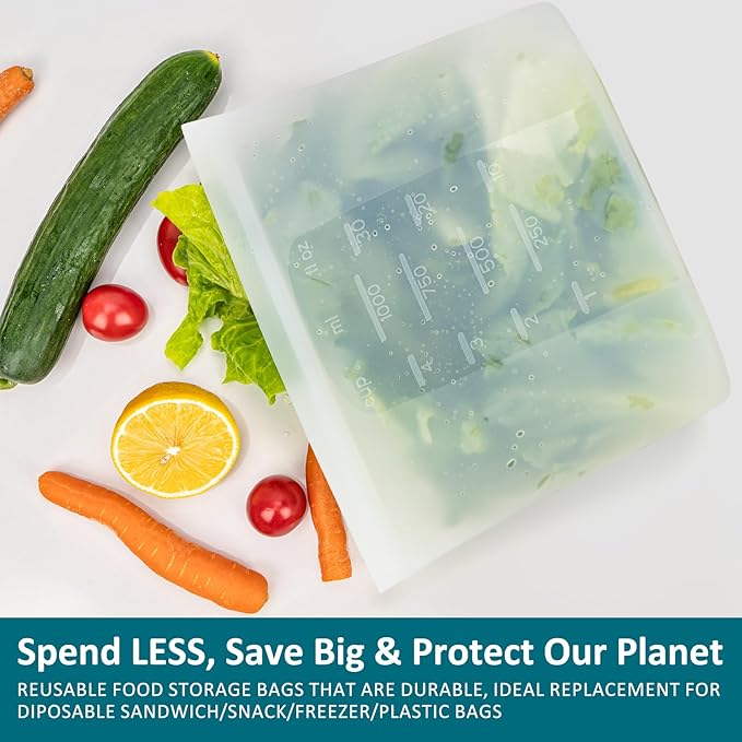 8-Pack Reusable Silicone Food Storage Bags, 100% Silicone Stand-Up Wide-Open Zip-Lock Reusable Storage Bags for Food, Freezer Microwave Oven Dishwasher Safe, Translucent, 4S 4XS