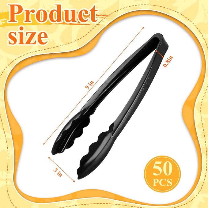 Tessco for you 80 Pcs Plastic Tongs for Serving Bulk, 9 Inch Plastic Disposable Serving Tongs, Heavy Duty Salad Tong for Kitchen, Buffet, BBQ, Events & Catering (Black)
