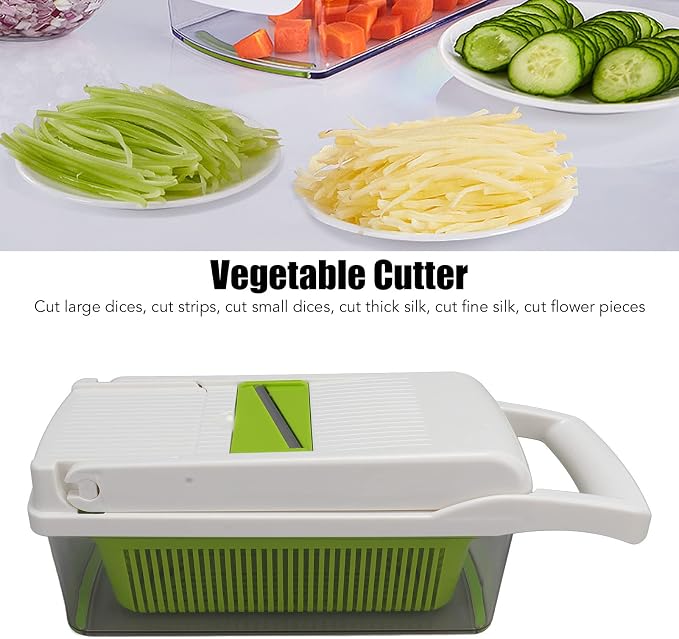 Vegetable Cutter Peeler Chopper Grater, Stainless Steel Kitchen Tool with Anti - Slip Handle and Blade Container for Potato Carrot Onion, 12 - Piece Set for Home (White)