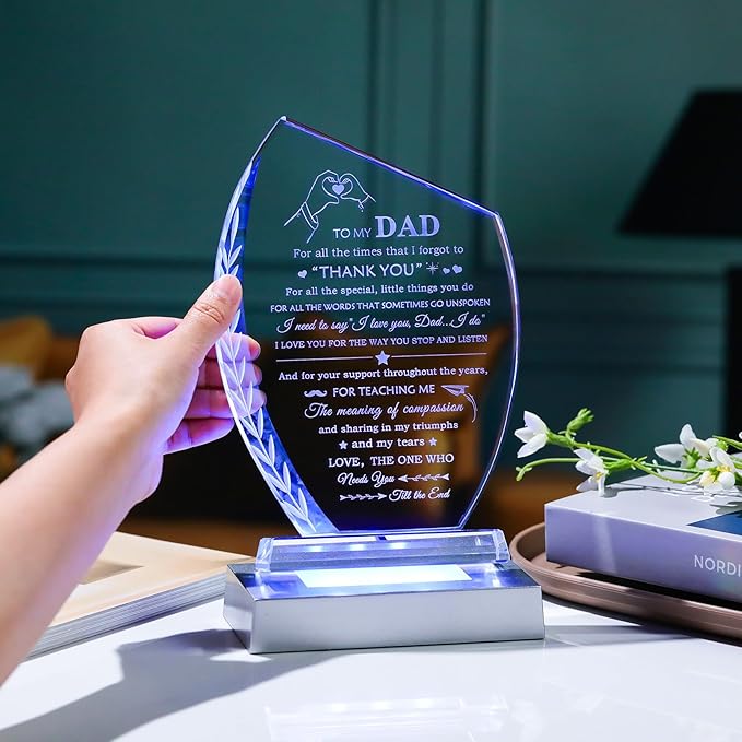 QIANWEI Fathers Day Dad Gifts from Daughter Son Unique Glass Plaque with Colorful Led Base, To My Dad Meaningful Birthday Present for Christmas Thanksgiving Valentines Day