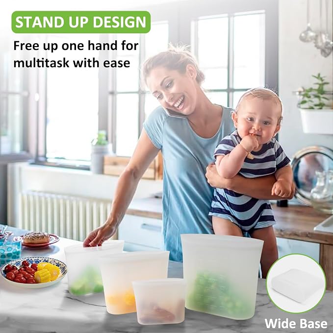 100% Silicone Reusable Storage Bag, 12 Pack Stand-Up Wide-Mouth Zip-Lock Food Storage Bags, Easy-Fill Easy-Open Easy-Clean Space-Saving, Microwave & Dishwasher Safe, Gallon/Sandwich/Snack, Translucent