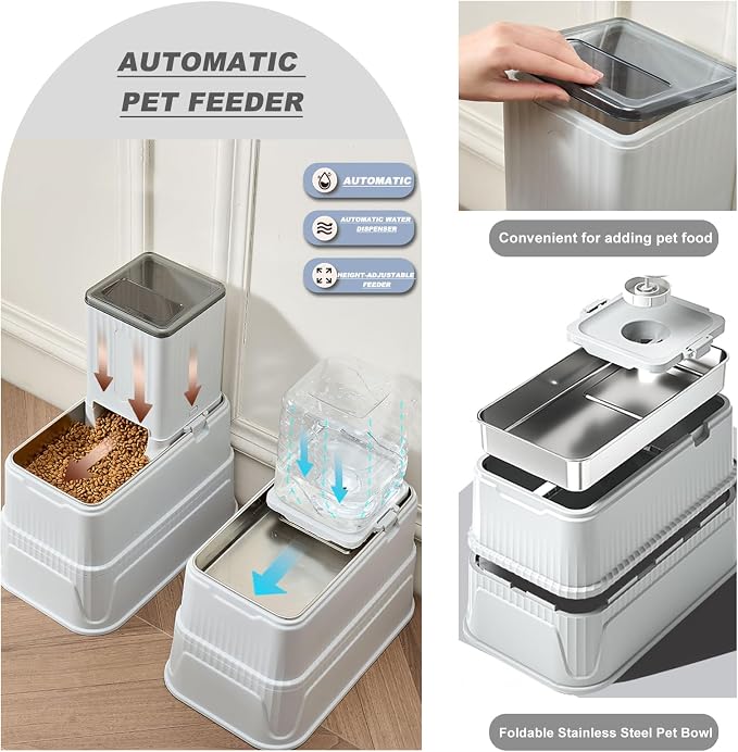 Elevated Dog Bowls Set, 1 Gallon Automatic Gravity Food Feeder & Water Dispenser with Stainless Steel Bowls, Adjustable Elevated Feeder for Small Medium Large Dogs, Anti-Choking & Neck Protection