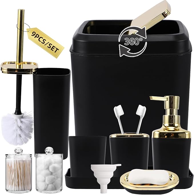 XLHOMO Bathroom Set, 9PC Bathroom Accessory Set, Black Bathroom Accessories, Black Bathroom Set, Trash Can, Soap Dispenser for Home Decor