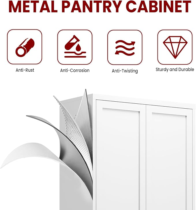 AQY Metal Pantry Cabinet, 72" White Kitchen Storage Cabinet with Doors | 5 Adjustable Shelves Ventilated Metal Cabinet Hanging Hooks Freestanding Kitchen Storage