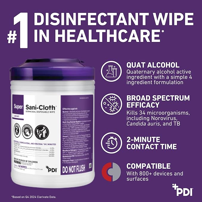 Professional Disposables Surface Disinfectant Super Sani-Cloth Wipes, 160Count