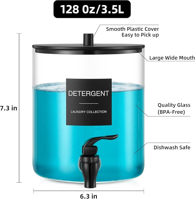 Glass Laundry Detergent Dispenser, 128 oz / 3.5L Fabric Softener Dispenser for Laundry Room Organization, Detergent Holder with Plastic Spigot (Black, 2 Pack)