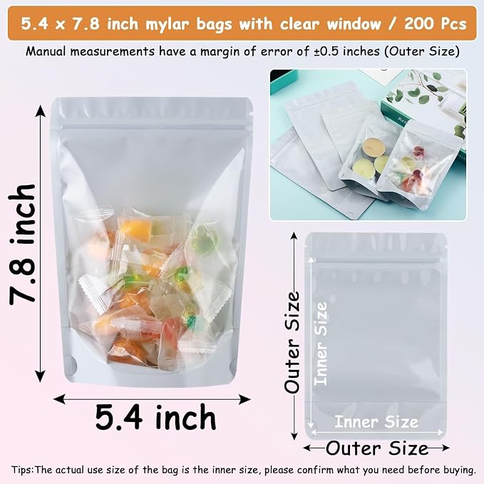 200 Mylar Bags for Food Storage 5X8 Mylar Bags with Window Candy Packaging Resealable Bags White Stand Up Pouches Edible Packaging for Small Business