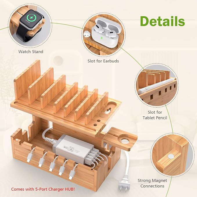 Pezin & Hulin Bamboo Charging Station for Multiple Devices with 5 Port USB Charger, 5 Cables and Watch Stand. Wood Desktop Docking Stations Organizer for Cell Phone, Tablet, Watch, Office Accessories | All-in-One, 5-Port USB HUB Included, 8-Device Orga...