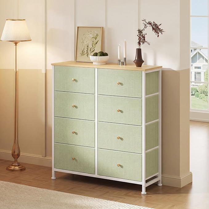 Sweetcrispy 8 Drawer Dresser for Bedroom Tall, Organizer Storage Drawers | Fabric Storage Tower, Chest of Drawers with Steel Frame, Wood Top for Living Room, Closet, Light Green