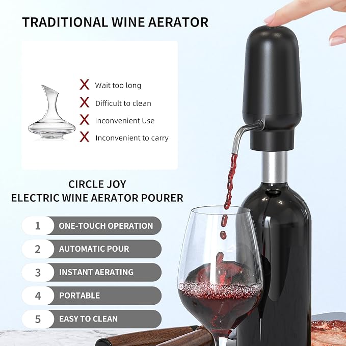 CIRCLE JOY Electric Wine Opener Set 4-in-1 Automatic Corkscrew with Rechargeable Wine Aerator Pourer, Foil Cutter, Vacuum Wine Stopper | Premium Gift Box for Wine Lovers, Black