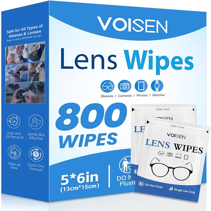 VOISEN Lens Wipes for Eyeglasses,800 Pack Eye Glasses Cleaner Wipes,Pre-Moistened Individually Wrapped Lens Wipes,Non-Scratching Non-Streaking,Safe for Eyeglasses, Goggles, Camera Lens, Phone