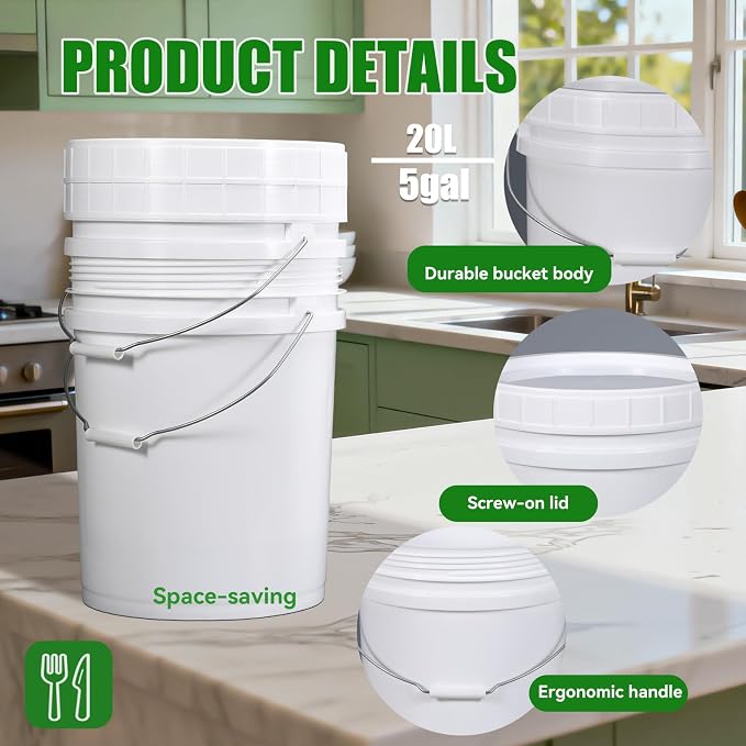 3 Pack 5 Gallon White Plastic Buckets with Lid & Metal Handle, 1 Pack 2.6 Gal Small Plastic Bucket with Spiral Lid & Handle Food Grade Storage Containers for Water, Cleaning, Halloween