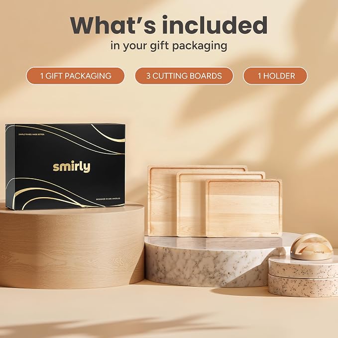 SMIRLY Cutting Boards for Kitchen, 3 Piece Birch Cutting Board with Stand | Non Toxic Wooden Cutting Board with Juice Grooves and Handles, Multiple Sizes Chopping Boards for Meat Vegetable Charcuterie