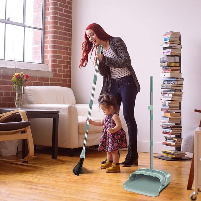 Upgrade Broom and Dustpan Set, Large Size and with Long Handle, Upright,Ideal for Indoor Outdoor Garage Kitchen Room Office Lobby Use (Green)