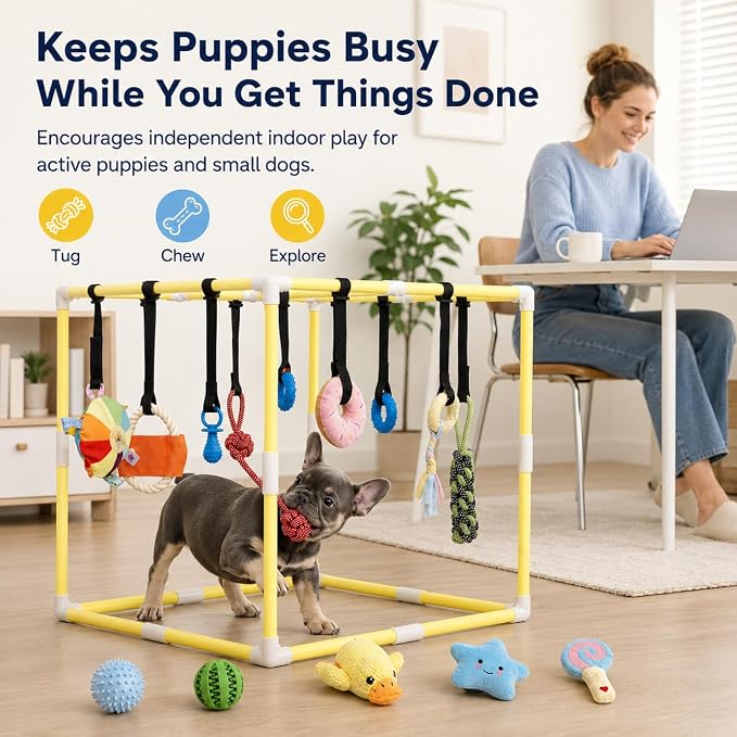 Puppy Play Gym with 17 Hanging Toys, 22" Indoor Dog Jungle Gym | Interactive Enrichment Activity Center for Active Small Dogs, Puppies & Cats, Teething & Squeaky Toys, Stable PVC Frame