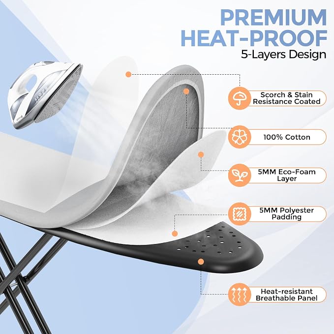 APEXCHASER Ironing Board, Compact Iron Board with Silicon Mat, Foldable Ironing Board with Heat Resistant Cover, 7 Height Adjustable, Space Saver Iron Board,13x43 Solid Grey