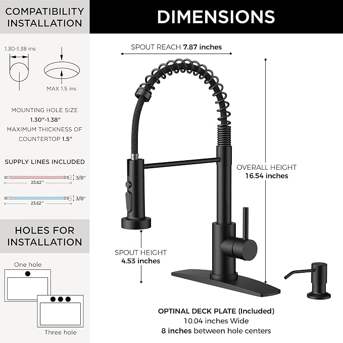 FORIOUS Kitchen Faucet with Soap Dispenser, Black Stainless Steel Sink Faucet with Sprayer Single Handle, Commercial Modern Spring Faucet for Kitchen Sink, Bar & Prep Sink, Laundry RV Camper