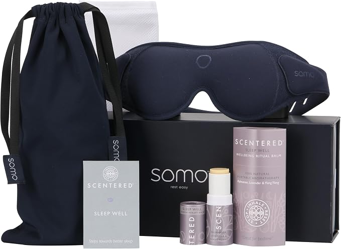 Scentered x SOMO Luxury Blackout 3D Sleep Mask for Side Sleepers & Sleep Well Aromatherapy Balm - Acupressure Eye Mask with Eyelash Space, Hypoallergenic - 4-in-1 Sleep Gift Set with Pouch & Wash Bag