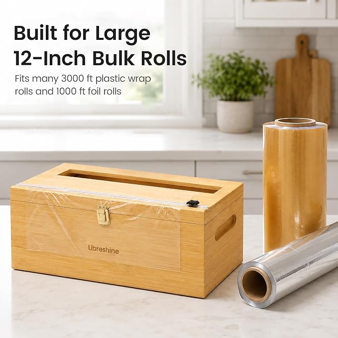 Libreshine 12 Inch Plastic Wrap Dispenser with Cutter, Commercial Bamboo Holder for Large 3000 Ft Wrap Rolls, Fits Costco and Kirkland Size Plastic Wrap and 1000 Ft Foil Rolls