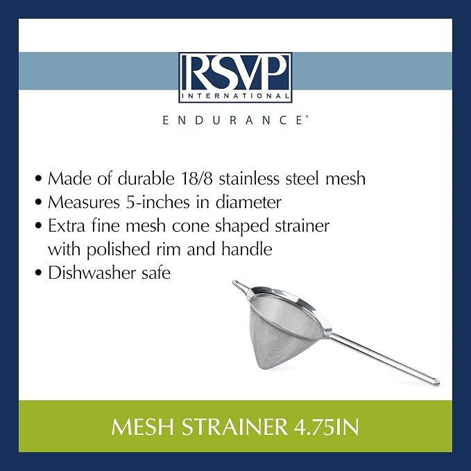 RSVP International Endurance Kitchen Collection, Stainless Steel Fine Mesh Conical Sieve/Colander, Multi-Purpose for Cooking, Baking, Loose Leaf Tea, Bar Strainer Cocktails, 4.75-Inch