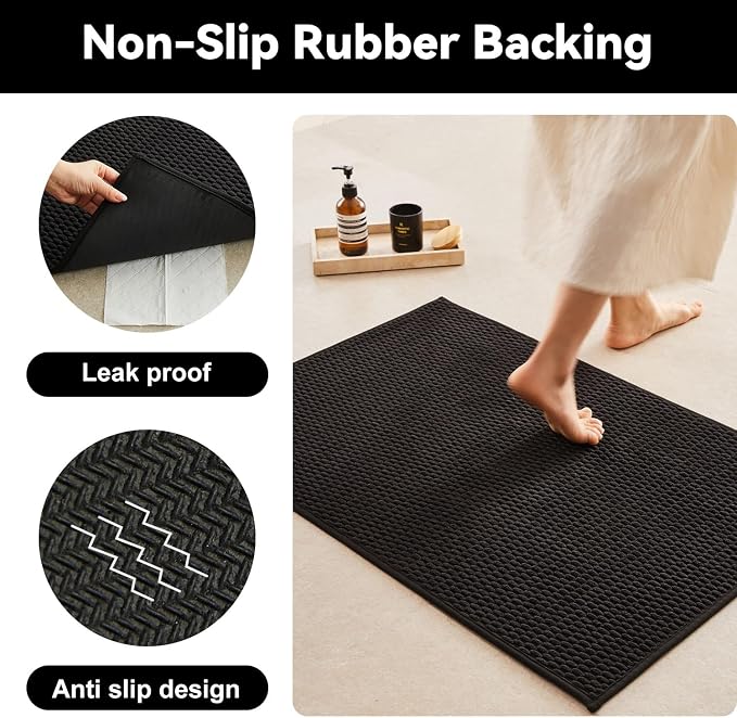 Triohero Bathroom Rugs Non Slip Washable, Super Absorbent Thin Bath Mat Quick Dry Low Pile Bathroom Rug, Black 24"x47"