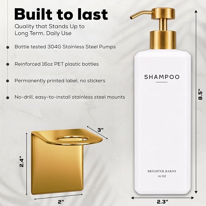 Luxury Shampoo and Conditioner Dispenser Set Wall Mounted by Brighter Barns - Refillable Shampoo Conditioner Body Wash Dispenser - No Drill Shower Soap Bottles for Guest Bathroom Decor, Airbnb (Gold)
