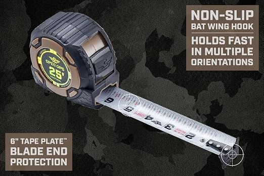 Spec Ops Tools 25-Foot Elite Series Tape Measure, 1 1/4" Double-Sided Blade, Includes Fractional Markings, 12 Feet of Stand Out, Military-Grade Composite Case, 3% Donated to Veterans