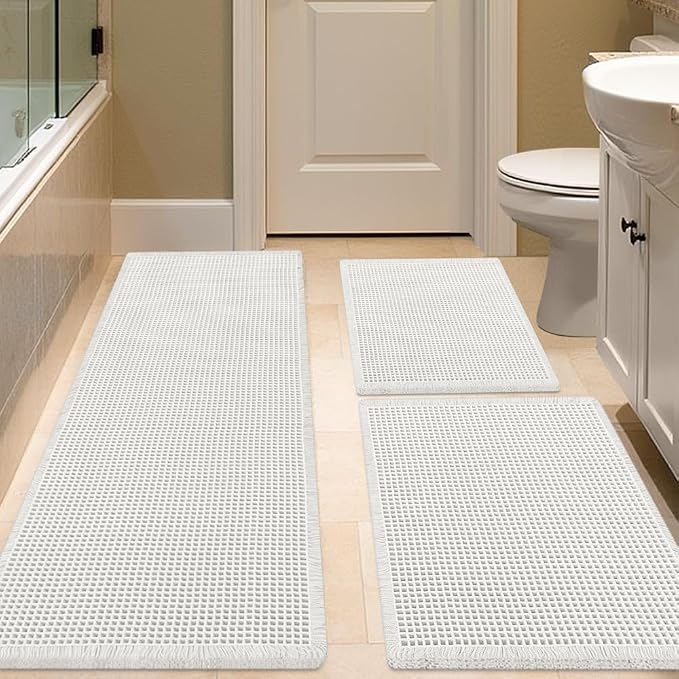IM HOME Waffle Bath Mat Set 3 Piece White,Woven Modern Bath Rug Mats, Absorbent Non Slip Bath Floor Mat, Soft Washable Boho Bath Rugs with Tassels for Bathroom, Bedroom, Kitchen