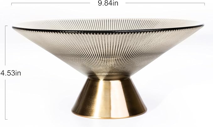 Tapered Glass Decorative Bowl(Coffee Brown) ,9.8 Inches Handblown Striped Design Glass Bowl with Rust Resistant Metal Base,Decor Fruit Bowl for Home Decor,Table Centerpiece,Kitchen Island,Dining Decor