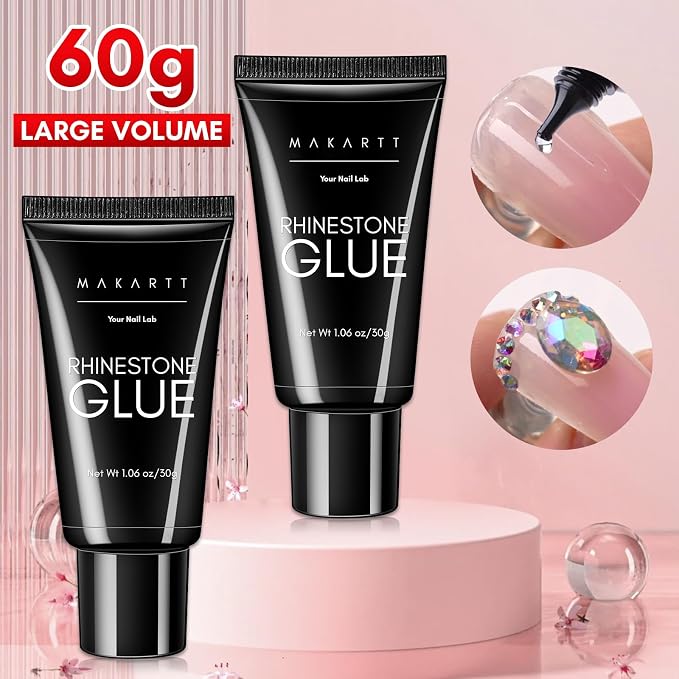 Makartt Nail Rhinestone Glue for Nails: 60ML Super Strong Gel Glue | for Rhinestones, 3D Art Charm Decorations Bling Gem Bow Jewels Crystals Beads Diamonds Pearls, Beauty Gift, UV Lamp Need