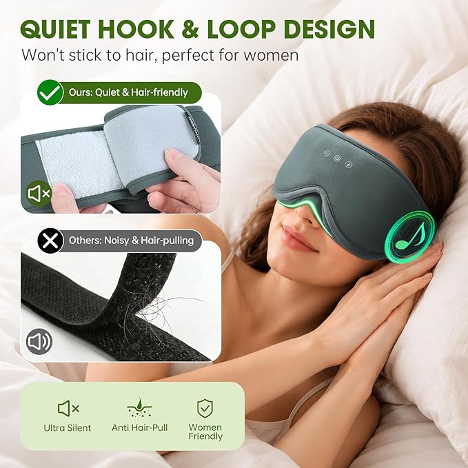 Bamboo Cotton Large Sleep Mask with Bluetooth Wireless Headphones - Blackout Eye Mask for Sleeping 3D Contoured Sleep Headband Ear Muffs Lengthen & Low Noise Hook for Better Experience (Black)