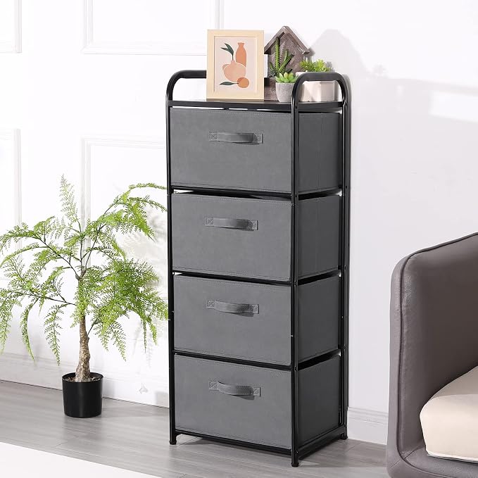MAX Houser 4 Drawer Fabric Dresser Tall Storage Tower, Dresser Chest with Wood Top, Vertical Nightstand Side Organizer Unit with Metal Frame for Closets Bedroom Nursery Room Hallway(Leaden) | , Dresser Chest with Wood Top, Vertical Nightstand Side Orga...