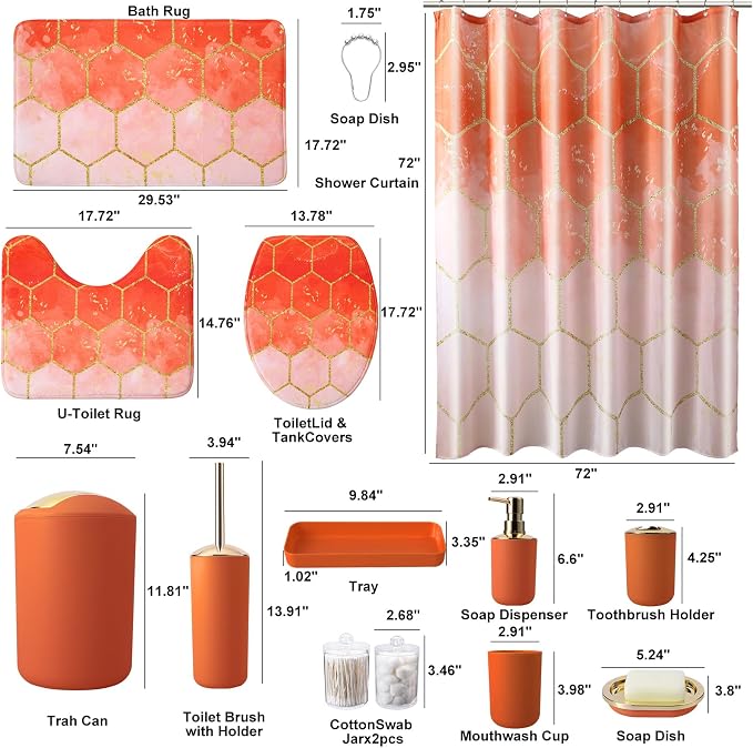 25 Pieces Bathroom Set Orange and Gold Bathroom Accessories Set, Shower Curtain and Rugs, Trash Can, Toilet Brush, Soap Dispenser, Soap Dish, Toothbrush Holder, Tumbler, Tray, Qtip Holder