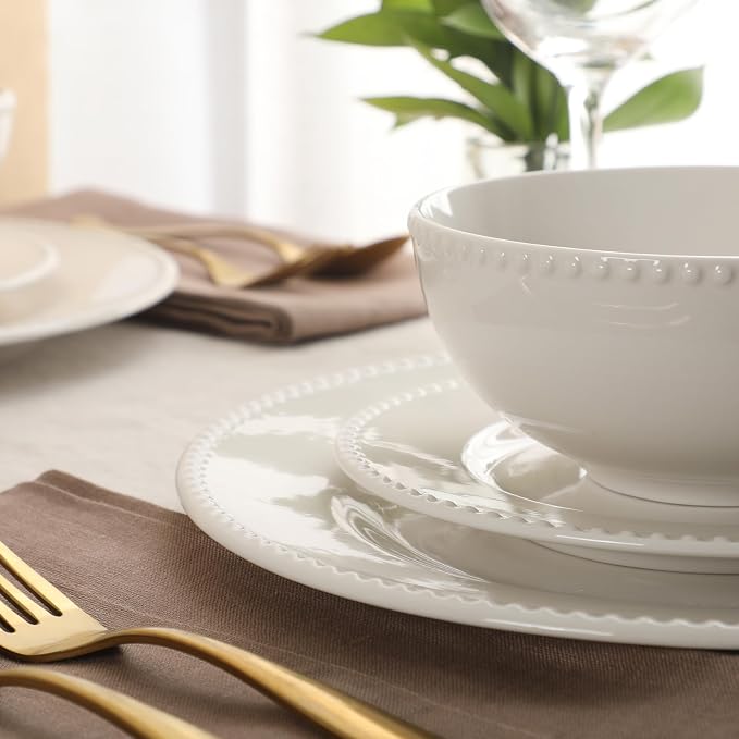 Gibson Home Caviara Plates and Bowls Set, 12-Piece Dinnerware Set, White Round Beaded Rim Ceramic Dish Set, Dinner Plates, Salad Plates & Cereal Bowls