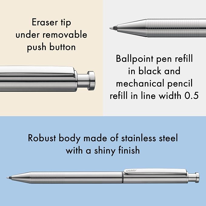 Lamy st matt twin pen Multifunctional pen – slim stainless steel mechanical pencil & ballpoint pen in one – includes M 21 ballpoint refill in black & M 41 fine-line refill (0.5 mm) in HB