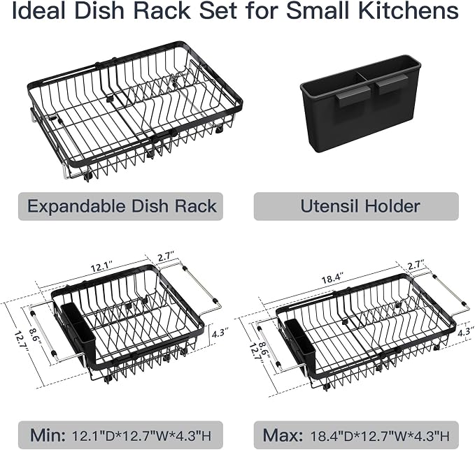 Dish Drying Rack Over The Sink with Utensil Holder | Expandable Stainless Steel Dish Drainer for Small Kitchen, Apartment, RV, Counter Space Saving, Perfect Fit, Rustproof