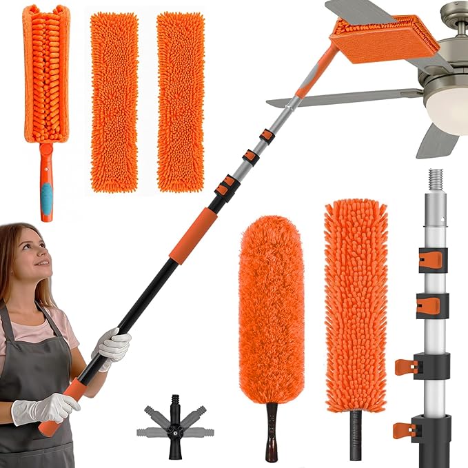 SISIUPASSIE 20FT Reach Ceiling Fan Cleaner Duster, Ceiling Fan Blade Cleaner with Extension Pole, Washable & Replaceable Microfiber Feather Duster Kits