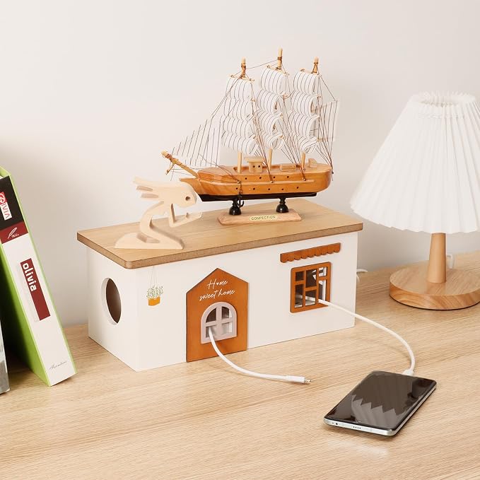 Cable Management Box, Wood Extension Cord Organizer, Handmade Power Strip Box for TV Computer Wire USB Hub System, Surge Protector Cord Hider Box on Desk or Floor (Medium)