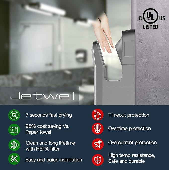 JETWELL Vertical Premium Commercial Hand Dryer- High Speed Jet Air Motor Speed Adjustable with HEPA Filter- Automatic Warm Wind Silver Gray Plastic Cover Hand Blower