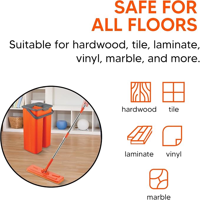 Macromax Flat Mop and Bucket Set with 9 Refills – 100% Microfiber Mop with Dual Wet & Dry Use – Slim Design for Corners & Under Furniture – Easy-Squeeze Bucket for Hardwood, Tile & Laminate Floors