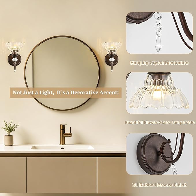 1 Piece Oil Rubbed Bronze Finish Wall Sconce, 1-Light Modern Wall Sconce with Hanging Crystal Accents and Flower-Shaped Clear Shades for Bathroom Bedroom Living Room,Modern Vanity Light