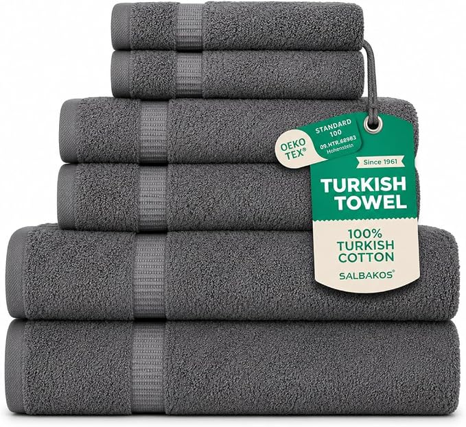 SALBAKOS 100% Turkish Cotton Bathroom Towel Set of 6-Piece, Gray | 630 Gsm Thick Super Soft Highly Absorbent 2 Bath + 2 Hand + 2 Washcloth Towels Sets, Giftable, Hotel Quality, Made in Turkey