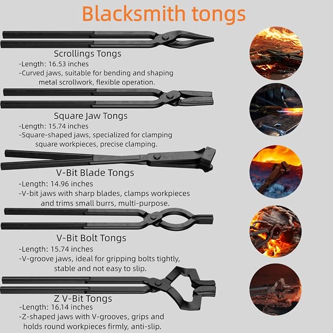 5PCS Blacksmith Tools Kit - V-Bit Tongs, V-Bit Bolt, Scrollings, Square Jaw & Blade with Hammer, High Carbon Steel Assembled Forging Set for Metalworking