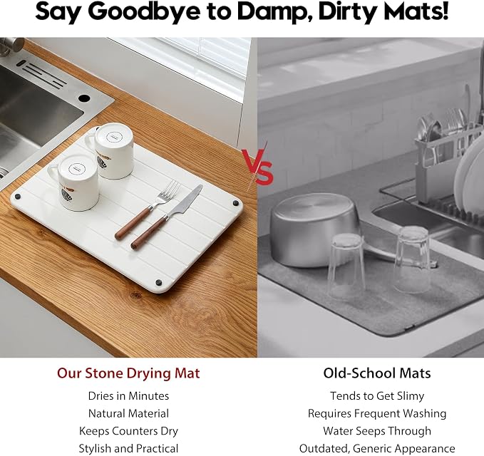 Stone Dish Drying Mat for Kitchen Counter, Water Absorbing Bathroom Tray Sink Organizer, Diatomaceous Earth Countertop Dish Rack Riser Sponge Holder Soap Dish, White, 16" x 12"