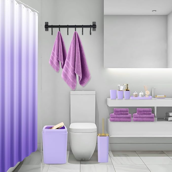 XLHOMO Purple Bathroom Accessories, 24 Pieces Purple and Gold Bathroom Accessories Set with Shower Curtain, Bath Towels, Trash Can, Soap Dispenser and Soap Dish for Bathroom/Housewarming